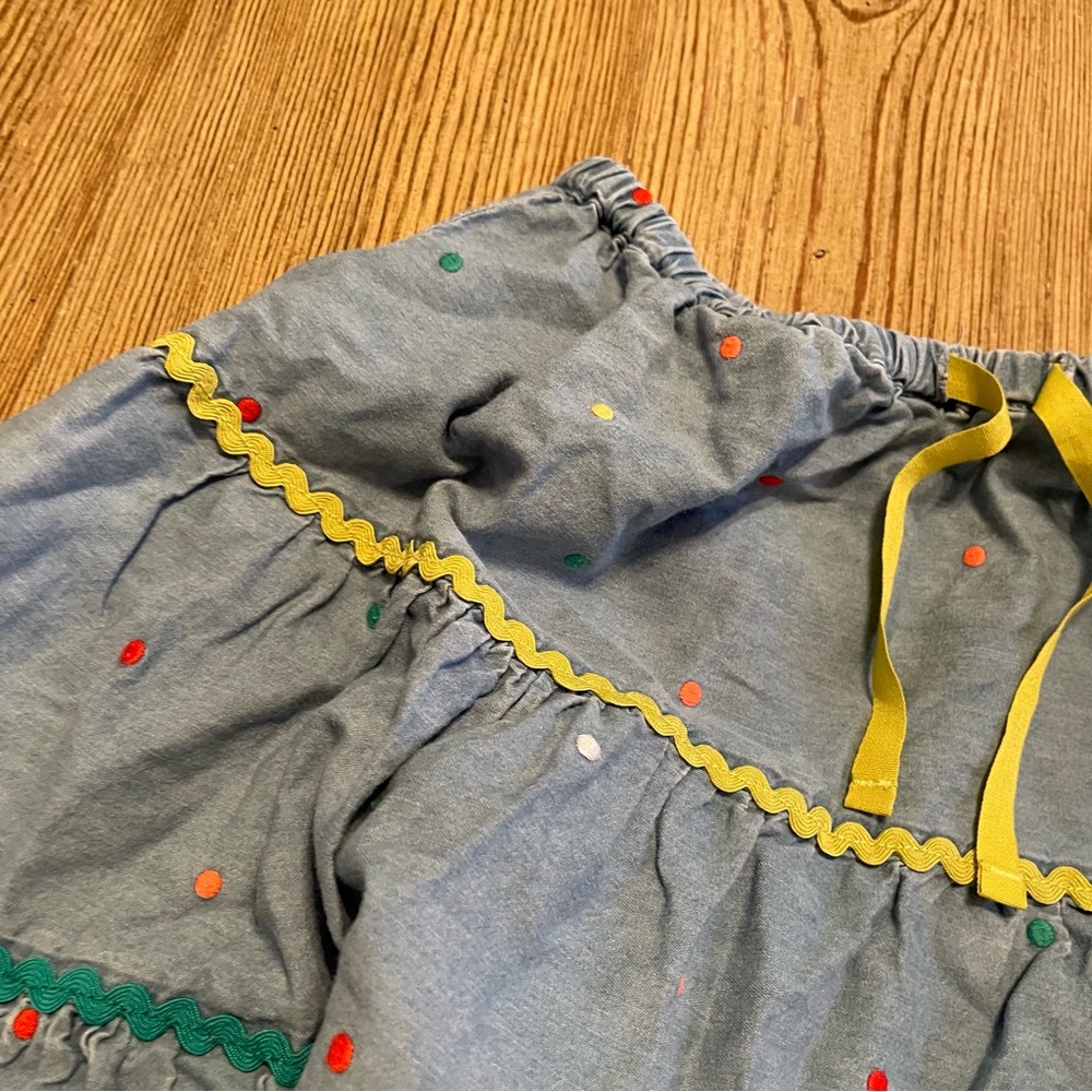 Mini Boden Chambray Denim Tiered Skirt with Multicolored Trim - Picture 3 of 4